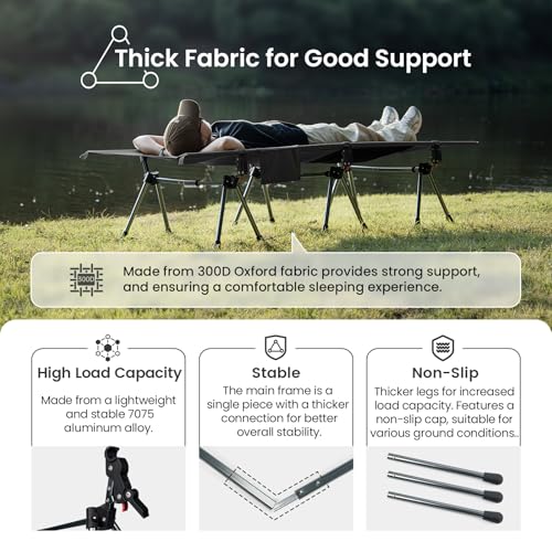 OneTigris SUPRANUBIS Camping Cot, Height Adjustable with Cot Leg Extenders, Strong Support 330lbs, Portable Folding Bed for Camping, Hiking, Travel, Truck, Beach, Office Nap (Ranger Green)