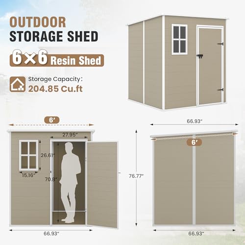 Outdoor Storage Shed, 6x6 FT Resin Shed with Floor and Lockable Door, Window, Vents, Tool Sheds and Outdoor Storage for Bike, Garden Accessories, Tools, Waterproof (Grey & White)