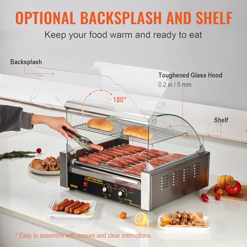 VEVOR Hot Dog Roller,5 Rollers 12 Hot Dog Capacity, 750W Stainless Steel Cook Warmer Machine with Dual Temp Control, LED Light and Detachable Drip Tray, Sausage Grill Cooker for Kitchen Restaurant