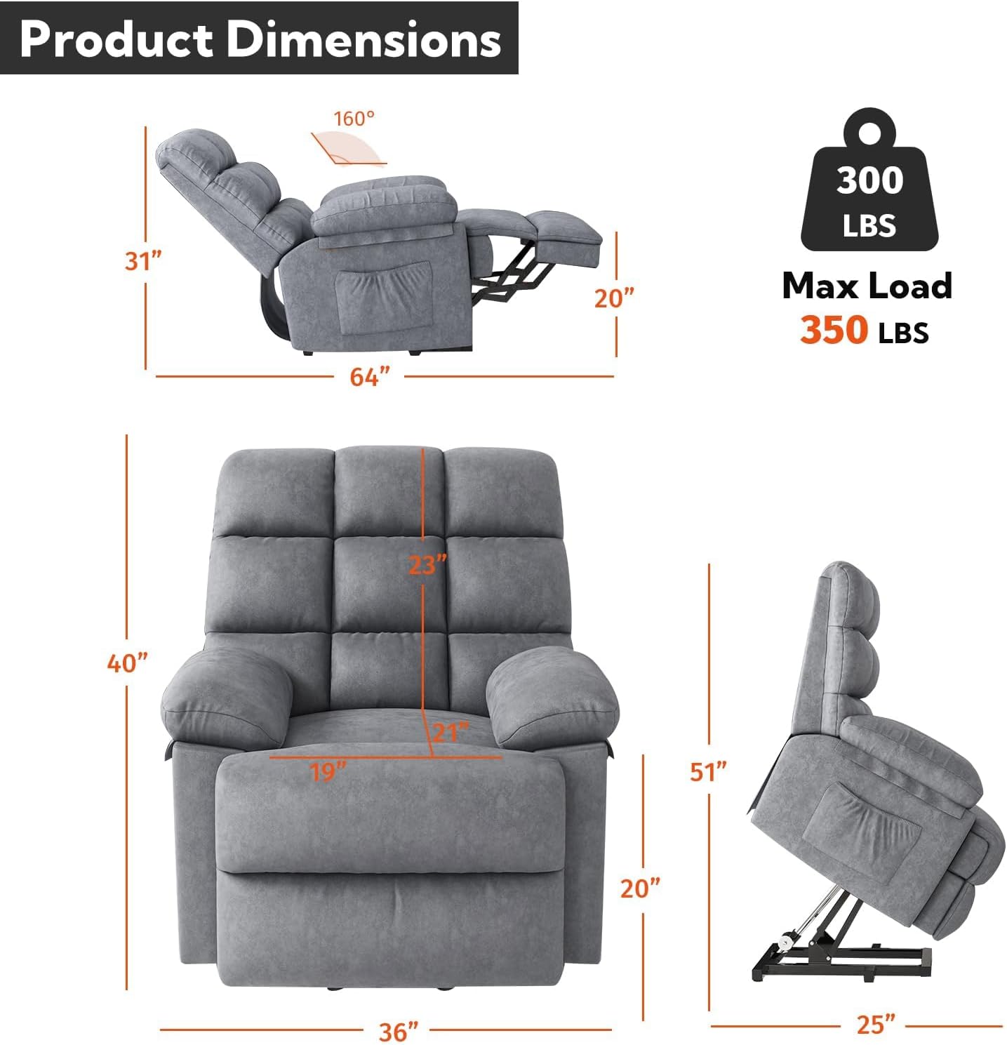 Phoenix Home Power Elderly, Modern Electric Lift Recliner Chairs for Adults, Gray