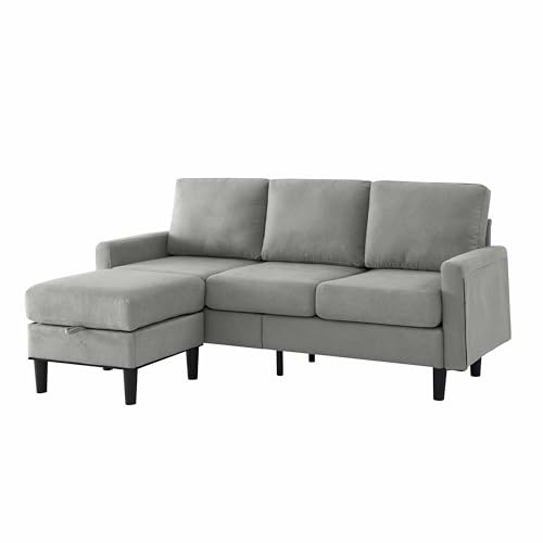 P PURLOVE Upholstered Sectional Sofa, 3 Seat Sofa with Storage Reversible Ottoman, Fabric L Shaped Couch for Living Room, Bedroom, Small Spaces, Apartment (Navy Blue)
