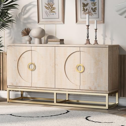 Modern Sideboard Buffet Cabinet with Shelves & 4 Doors, Large Storage Cabinet Coffee Bar Wine Bar Cabinet Wood Buffet Console Table for Entryway, Living Room, Study, Kitchen, Dining Room,Beige