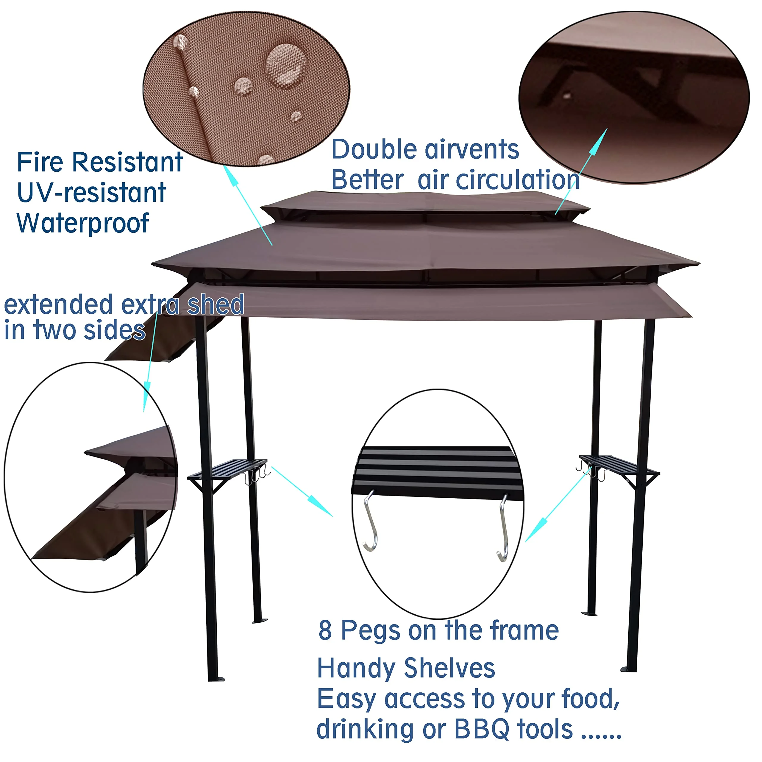 8'x4' Grill Gazebo Canopy, Grill Tent for Outdoor Grill, Double Tiered BBQ Gazebo with Two Extra Shadow, Two Shelves, Eight Hooks, Small Grill Shelter For Backyard, Patio (Light Brown)
