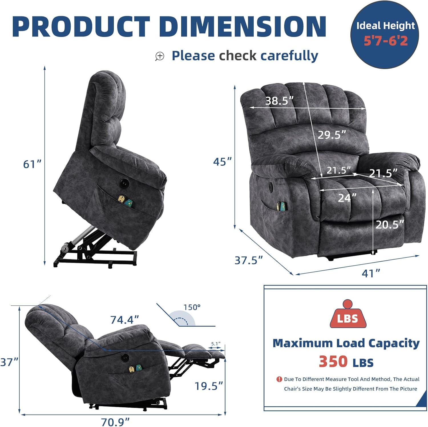 Large Electric Power Lift Recliner Chair with Extended Footrest for Elderly Big Man, Overstuffed Heated Massage Wide Reclining Sofa with 2 Remote Controls, Side Pockets & USB Ports, Gray