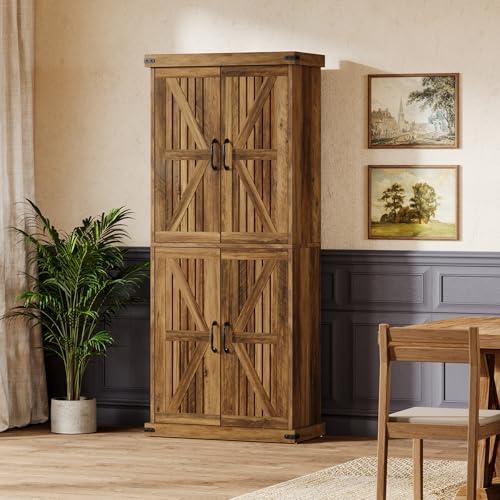 Tribesigns 71" Tall Kitchen Pantry, Farmhouse Storage Cabinet with Barn Doors and Adjustable Shelves, Rustic Wooden Cupboard for Kitchen, Dining Room, Brown