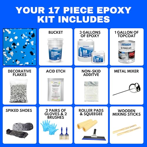 Garage Epoxy Floor Kit – 100% Solids - 2 Part Industrial-Grade Coating w/UltraGlaze Topcoat | DIY Slip & Hot Tire Resistant | 300 Sq Ft - Blue - 17 pc kit