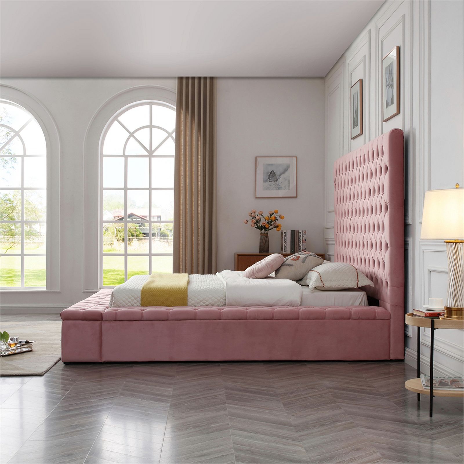 Better Home Products Cosmopolitan Velvet Upholstered Platform Queen Bed in Pink