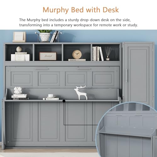Linique Full Size Murphy Cabinet Storage Wall Bed with Closet and Drawers and Built-in Top Shelf,Hide a Bed on a Wardrobe Space Saving Design,Gray