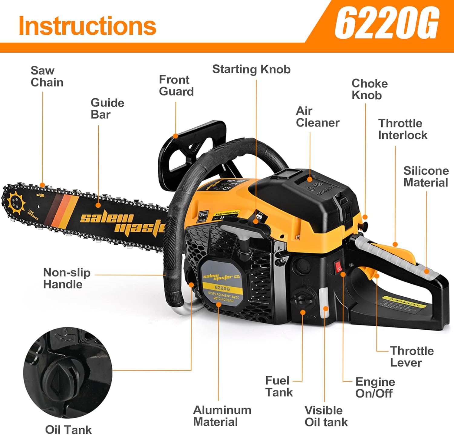SALEM MASTER Gas Chainsaw 20-Inch Powered Chain Saws 62CC 6220G Petrol Chainsaw 2-Cycle for Trees and Wood Cutting