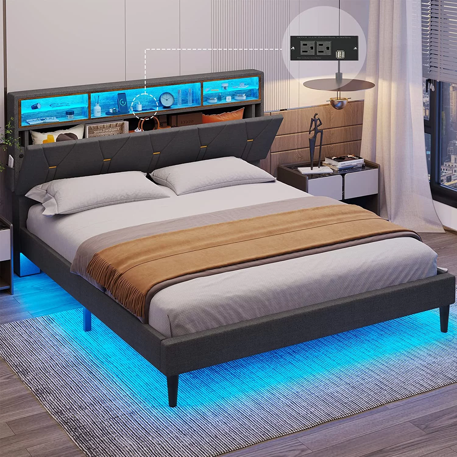 DICTAC Upholstered Platform Bed Frame with Charging Station and LED Bookcase Headboard, Queen Size, Dark Grey