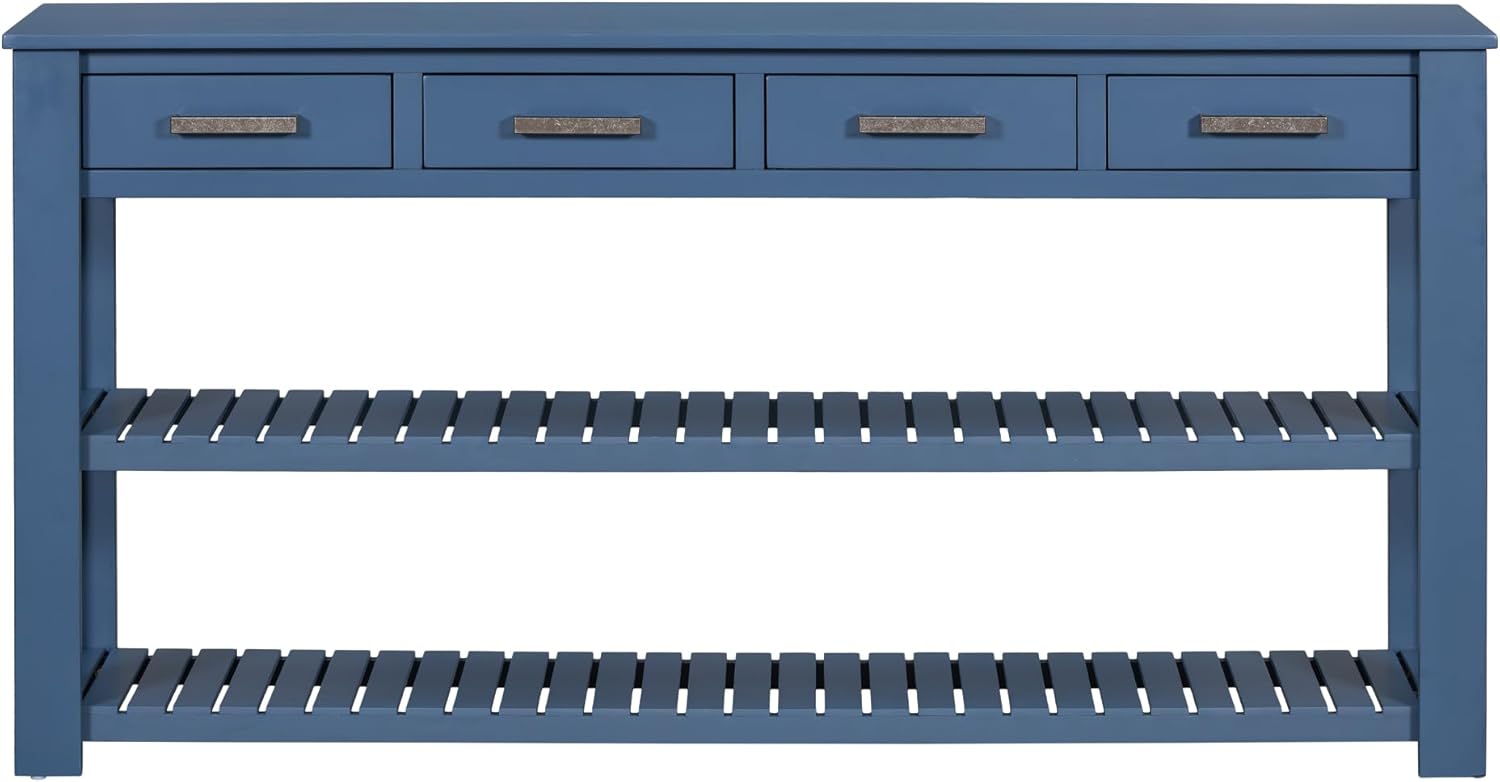 Modern 62'' Console Table Sofa Entryway Table with 4 Drawers and 2 Shelves, Acacia Wood Kitchen Buffet Cabinet Sideboard, Accent Table Furniture for Entryway Kitchen Living Room (Navy Blue-3.5)