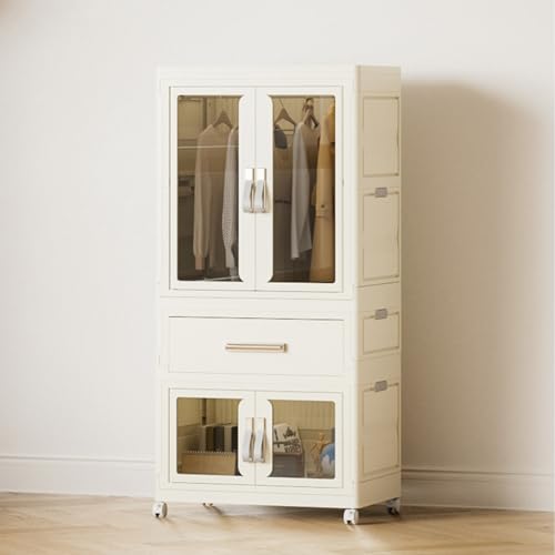 Portable Closet Wardrobe for Hanging Small Clothes, Folding Stackable Storage Bins with Lid, Folding Storage Box, 1 Hanging Area, 1 Drawer, 1 Storage Area（25Wx16.5Dx49.4H）