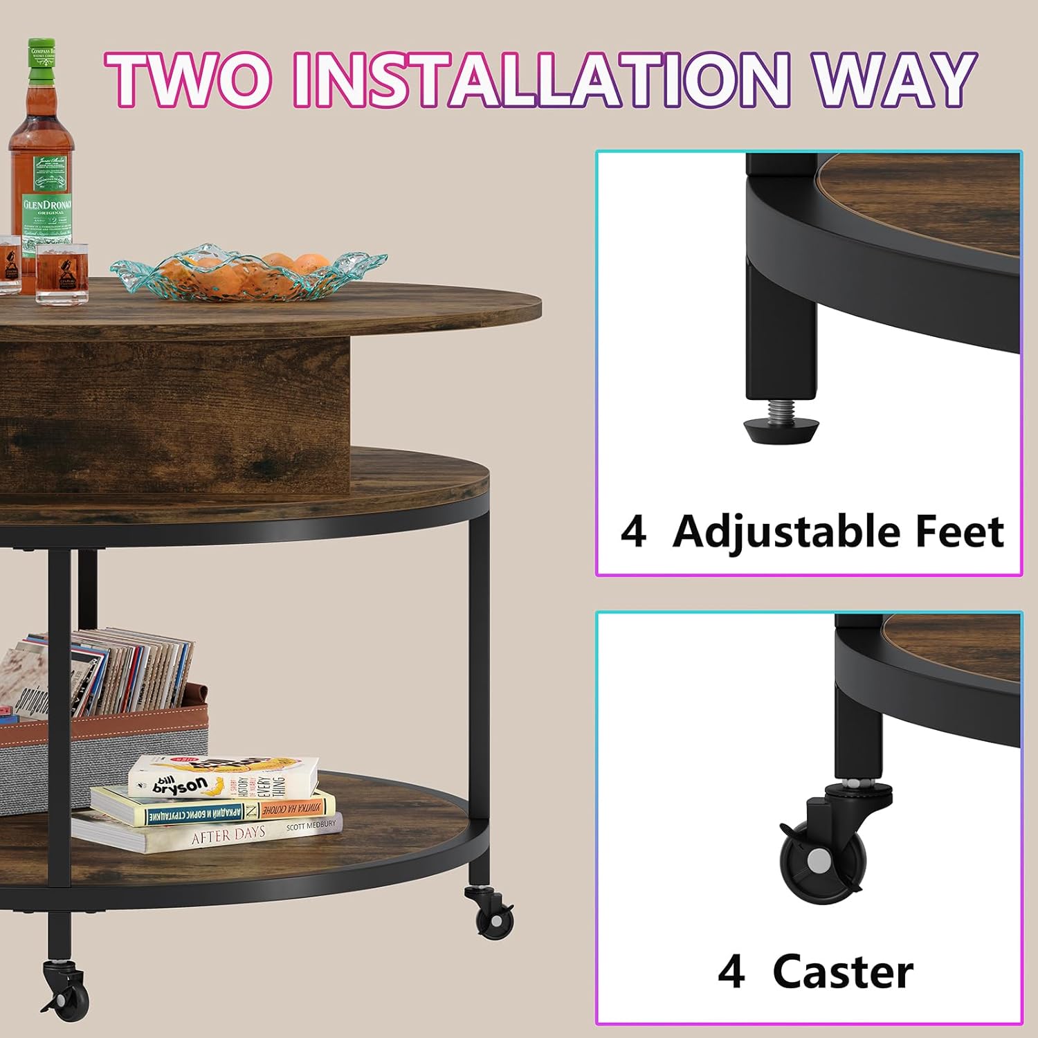 35.43''W Lift Top Round Coffee Table, Coffee Table with 2-Tier Storage, Modern Led Circle Coffee Table with Hidden Storage Compartment & Wheels Dining Table for Home, Rustic Brown