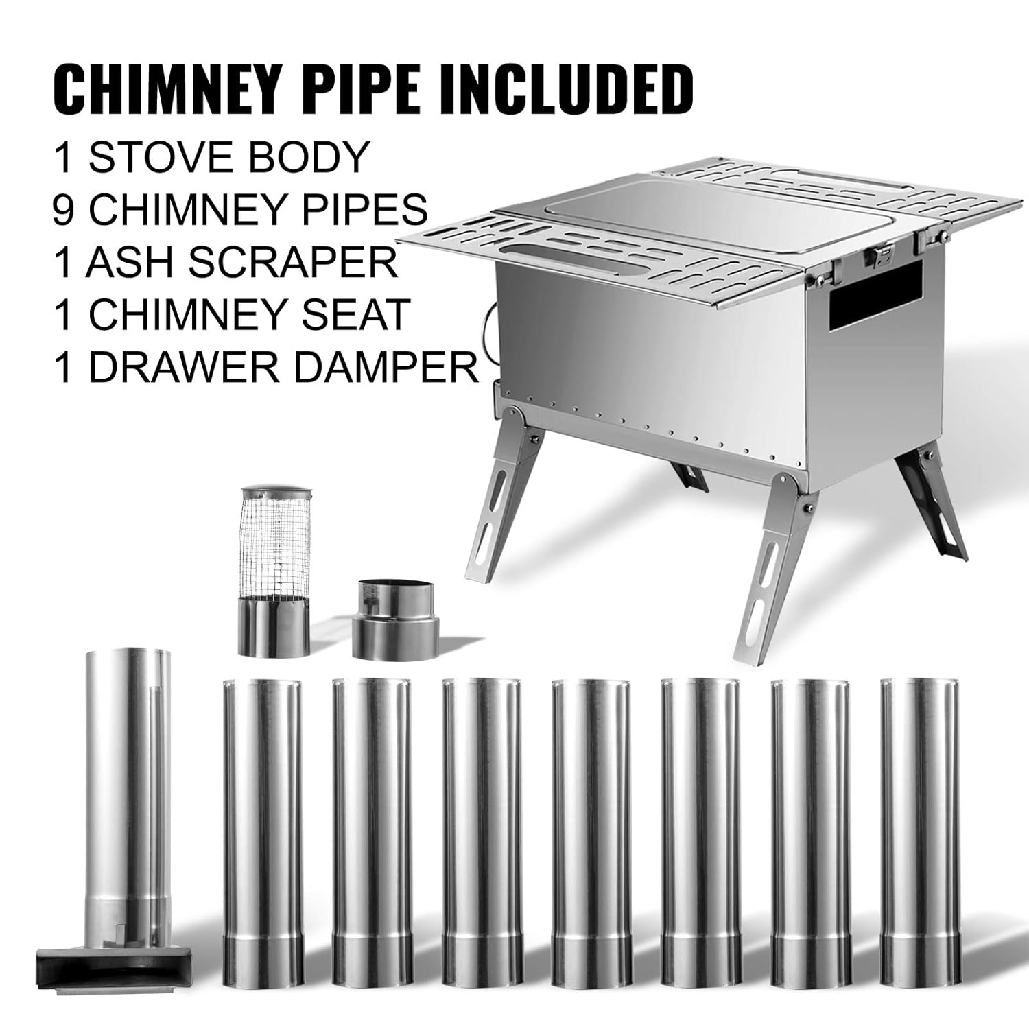 Happybuy Tent Wood Stove 18.3x15x14.17 inch, Camping Wood Stove 304 Stainless Steel With Folding Pipe, Portable Wood Stove 90.6 inch Total Height For Camping, Tent Heating, Hunting, Outdoor Cooking