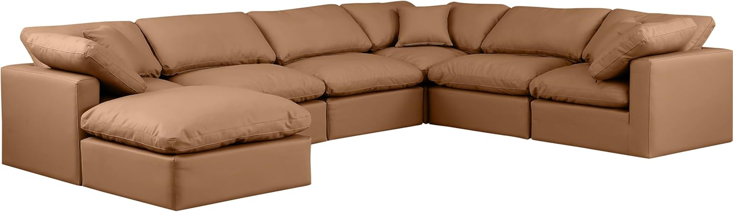 Meridian Furniture Indulge Collection Modern | Contemporary Sectional with Soft Durable Vegan Leather, Fiber-Filled Cushions, Modular, 140" W x 105" D x 32" H, Cognac