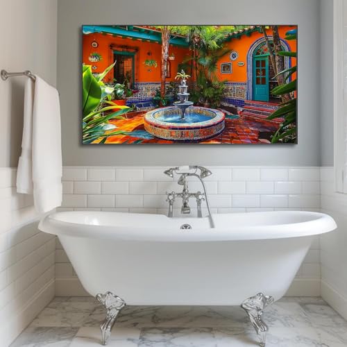 Mexican Village Wall Art,Colorful Wall Art,Mexican Canvas Wall Art,Mexican Wall Art,Large Abstract Wall Art,Large Wall Art for Living Room,Office,Entryway,Bedroom (Gold Metal Framed, 36"Wx20"H/92x52 cm)