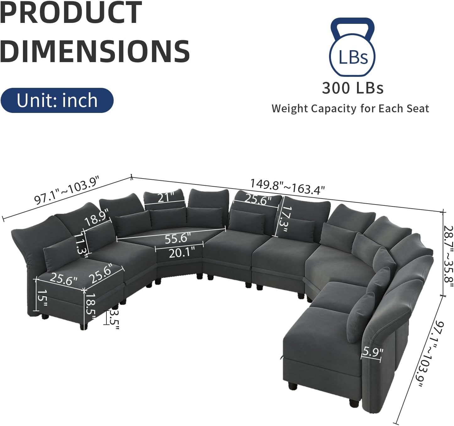LLappuil Velvet Modular Sectional Sofa, 163.4" Oversized 8-Seater U Shaped Sectional Couch with Big Corner Ottoman, High Back Modular Couches with Storage Chaise for Living Room, Anti-Scratch Grey