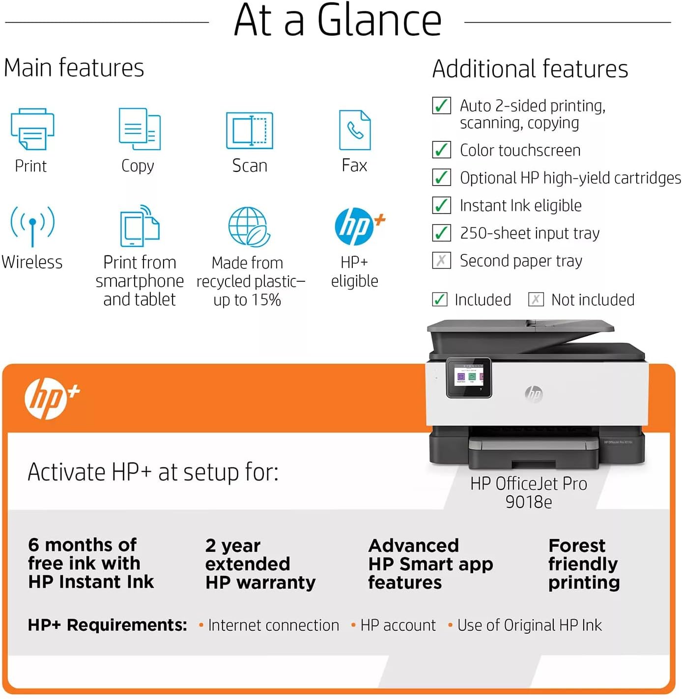 HP OfficeJet Pro 90 18e All-in-One Wireless Color Inkjet Printer, Gray - Print Scan Copy Fax - Instant Ink Ready, 22 ppm, 4800 x 1200 dpi, 512MB Memory, 35-Sheet ADF, Ethernet, Cbmou External Webcam