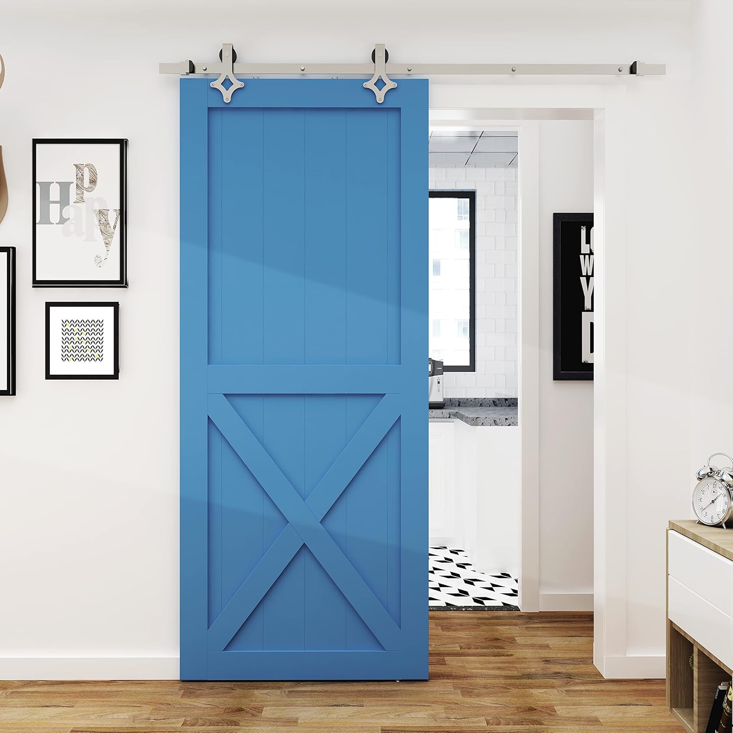 JUBEST Satin Nickel Sliding Barn Door Hardware Kit Smoothly and Quietly Hanger Roller Flat Track Kit J Shape Roller