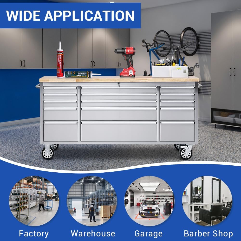 72-inch Stainless Steel Tool Chest with Wheels, 15 Drawers Rolling Storage Tool Cabinet, Heavy Duty Workbench Table with Wood Top, Lock and Liner, for Garage, Warehouse, Workshop