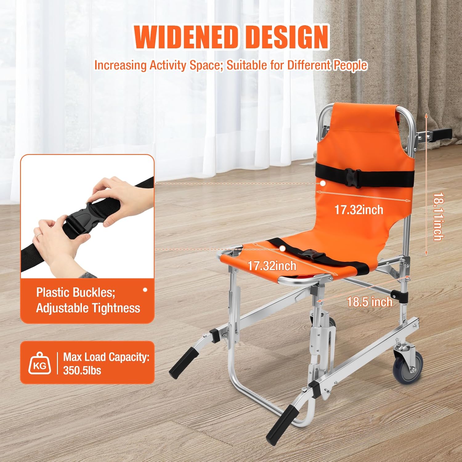 Stair Chair 2-Wheel Orange Transfer Stair Chair Up to 350lbs Foldable Transport Wheelchair for Hospitals, Emergency Centers, Fire Centers