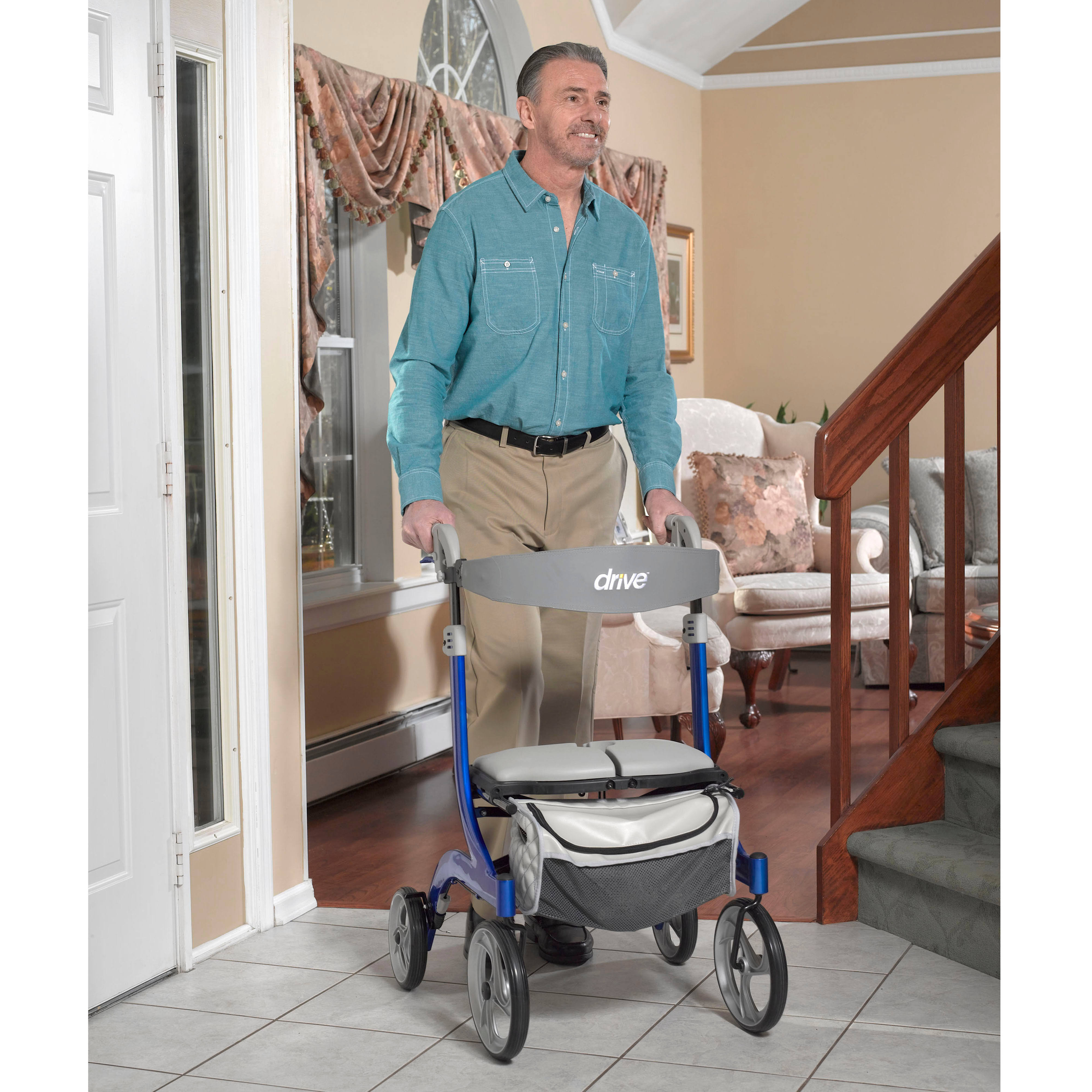 Drive Medical Nitro DLX Euro Style Rollator Rolling Walker, Sleek Blue