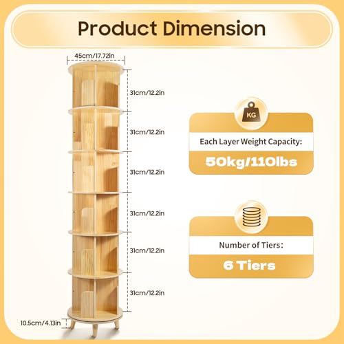 Rotating Bookshelf, 360 Display 4 Tier Floor Standing Bookcase Storage Rack for Kids&Adult, Corner Bookshelf, Wood Narrow Book Shelf Organizer for Bedroom, Living Room, Study Room, (4 Tier)
