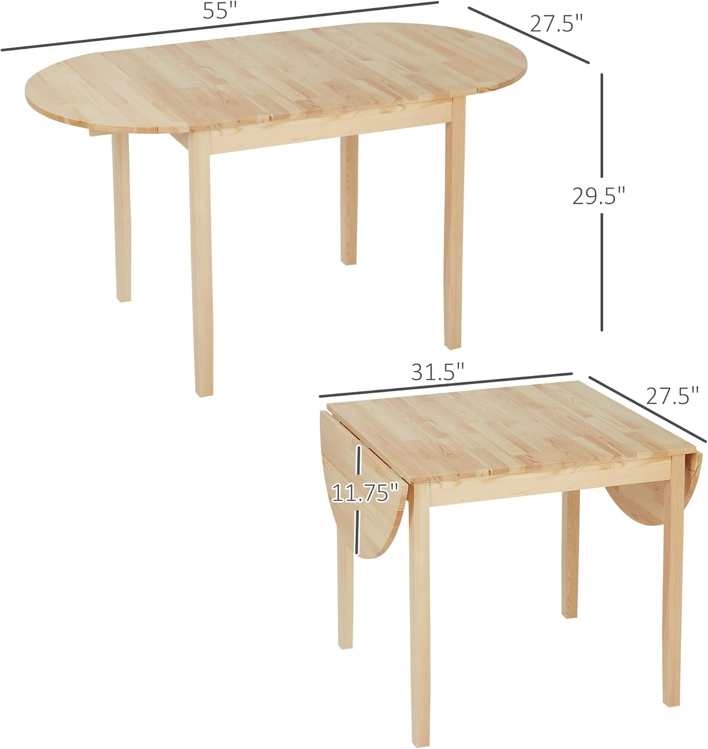 55" Solid Wood Kitchen Table, Drop Leaf Tables for Small Spaces, Folding Dining Table, Natural
