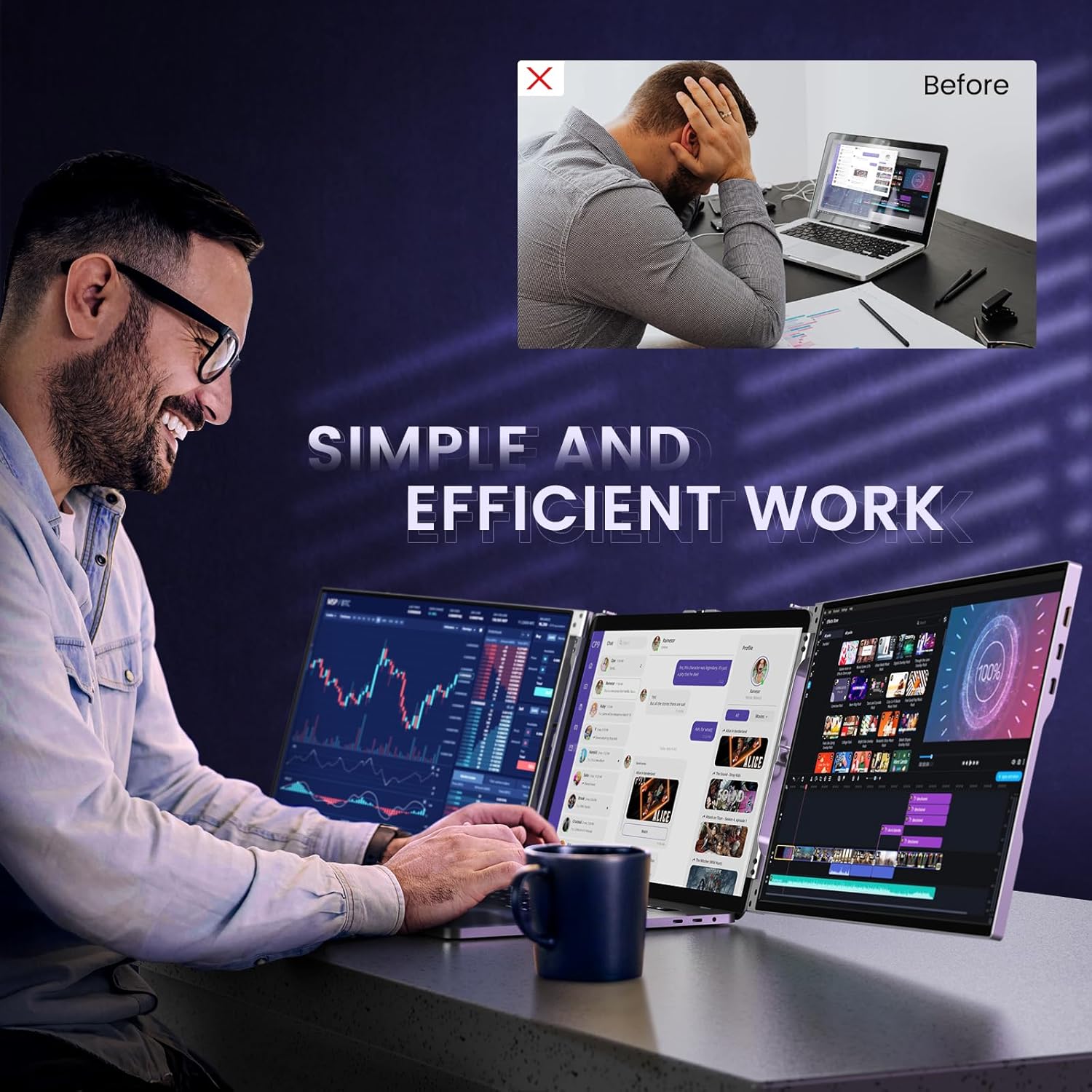 L LIMINK 14" Portable Triple Monitor for Laptop, Aluminum Alloy Laptop Screen Monitor Extender with Kickstand, 1200P Plug&Play FreeSync Frameless Dual Monitor for 13-16" Windows MacBook Laptop - LK14