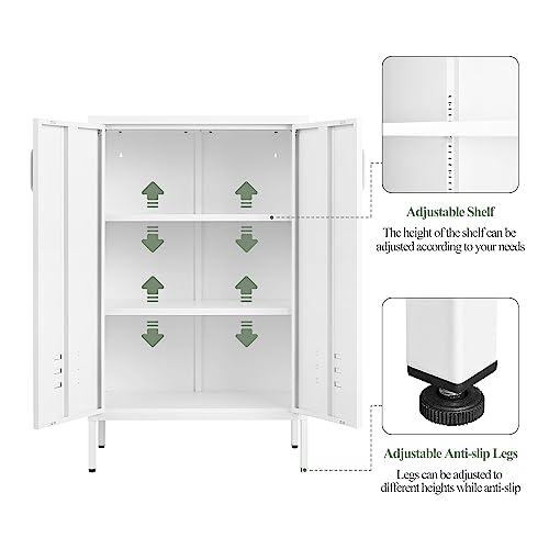 GREATMEET Metal Storage Cabinet Freestanding, Metal Locker Storage Cabinets with 2 Doors, Tall Accent Cabinet with 2 Adjustable Shelves, Metal Cabinet for Kitchen, Office, Livingroom, White