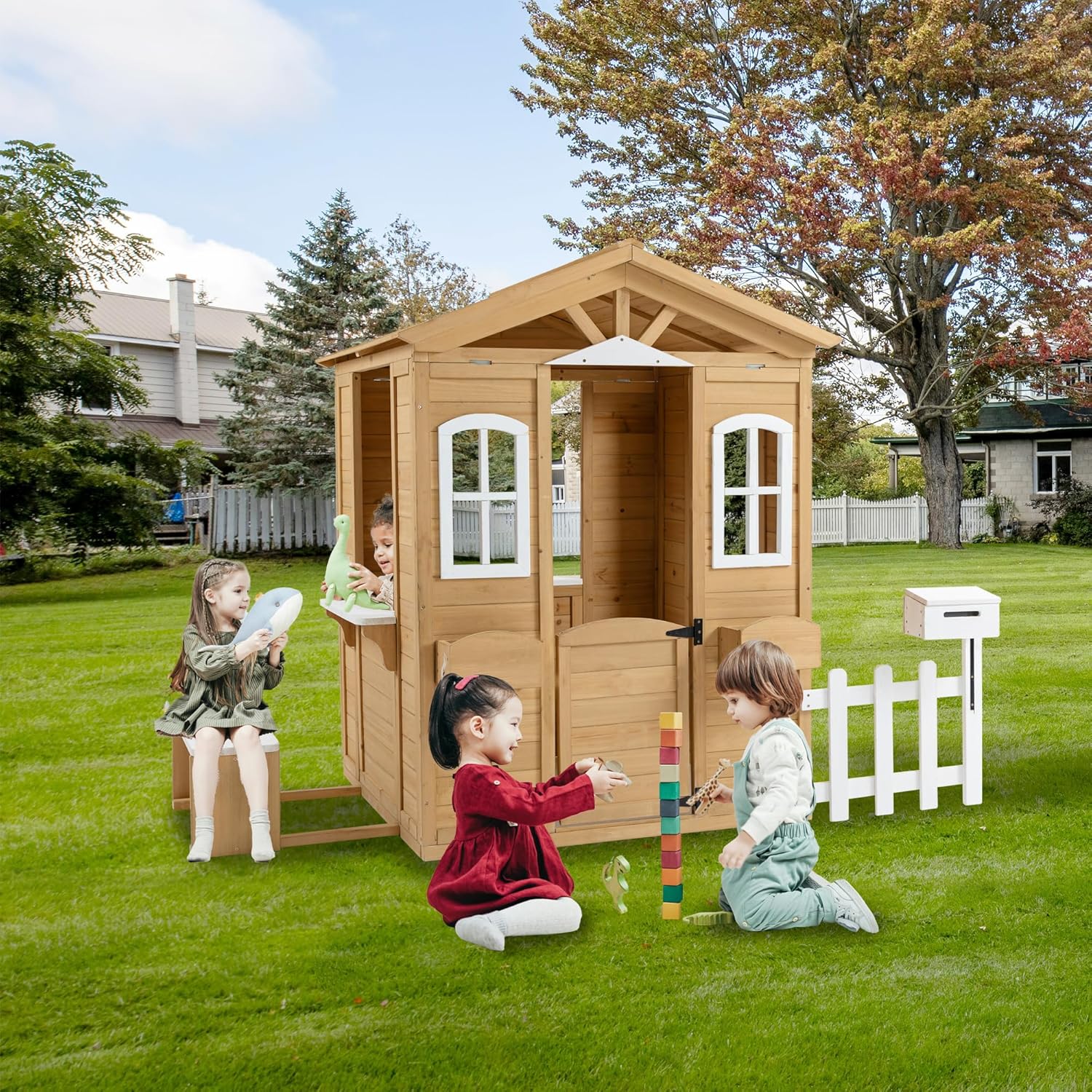 Wooden Playhouse for Kids, Outdoor Kids Playhouse with Working Door, Windows, Mailbox, Bench, Flowers Pot Holder, Playhouses for Kids Ages 4-8, 39" x 38" x 55.5"
