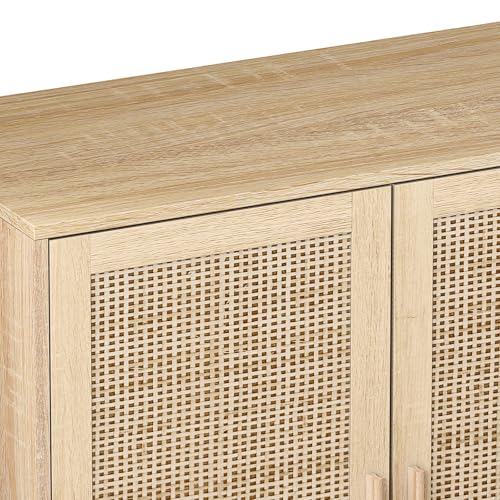 Sideboard Buffet Cabinet with Storage, Storage Cabinet with 4 Rattan Doors, Accent Cabinet with Iron Framework Feet, Sideboard Wooden Console Cabinets for Living Room, Kitchen (Natural)