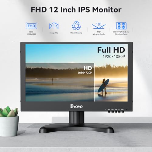 Eyoyo 12 inch Monitor 1920x1080 IPS LCD Screen Support VGA HDMI BNC AV USB Input Built-in Dual Loudspeakers Metal Housing for PC Laptop Raspi
