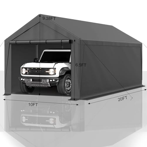 Outdoor Carport 10x20ft Heavy Duty Canopy Storage Shed,Portable Garage Party Tent,Portable Garage with Removable Sidewalls & Doors All-Season Tarp for Car,Truck,Party Grey