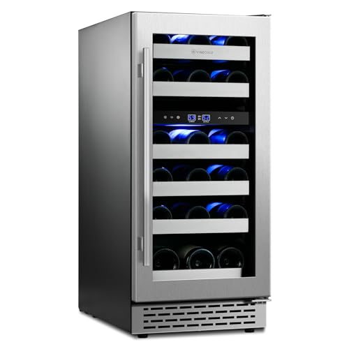15" Wine Cooler Refrigerator Dual Zone-28 Bottle Capacity, Seamless Reversible Doors, Shelves Stainless Steel Edged, Built-in or Freestanding Wine Cooler for Home and Kitchen