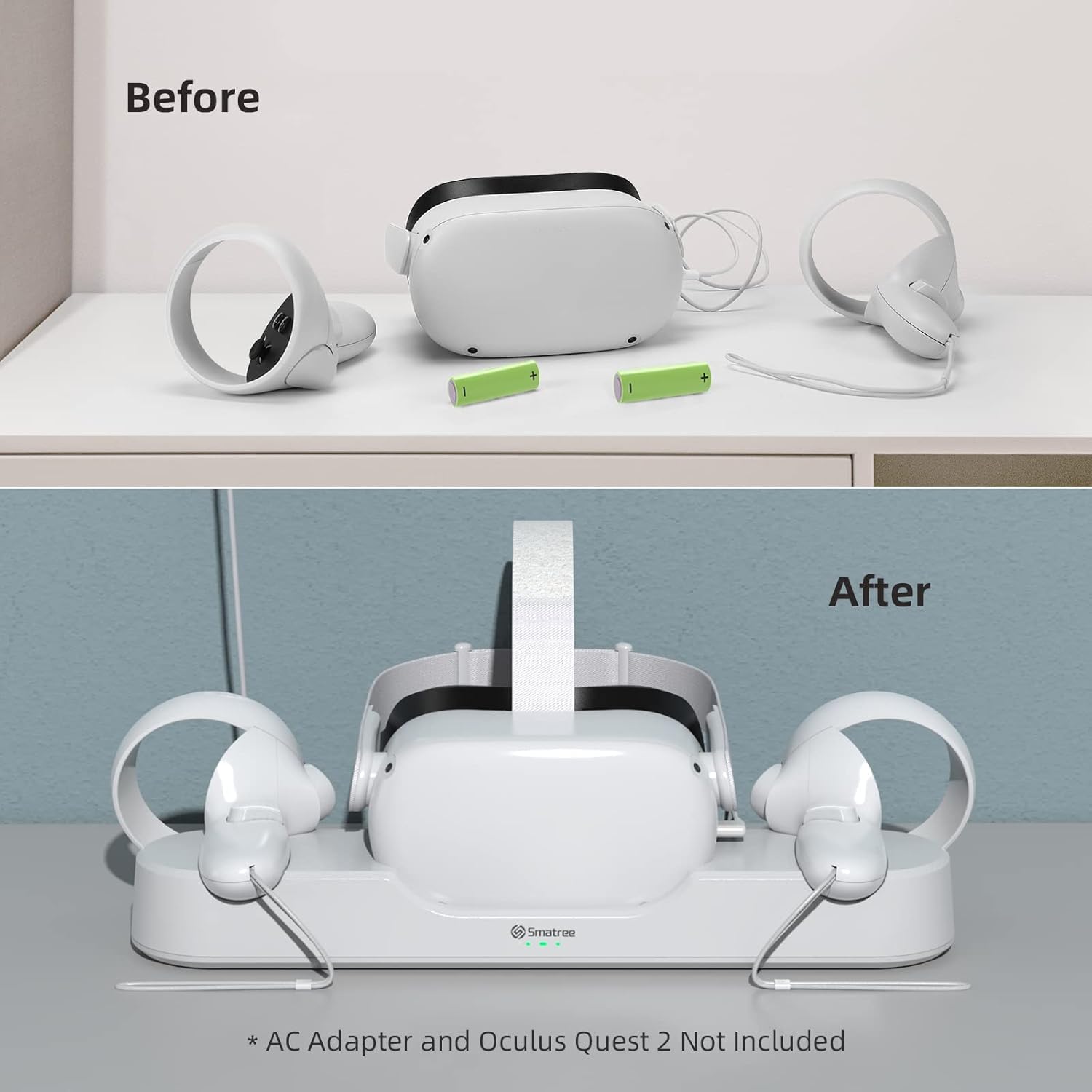 Smatree Oculus Quest 2 Charging Dock for Oculus Quest 2/Meta Quest 2,Charge Controllers and Headset Simultaneously,[Updated Fit Elite Strap], with 2 Rechargeable Controller Batteries(NO AC ADAPTER) Pack of 2