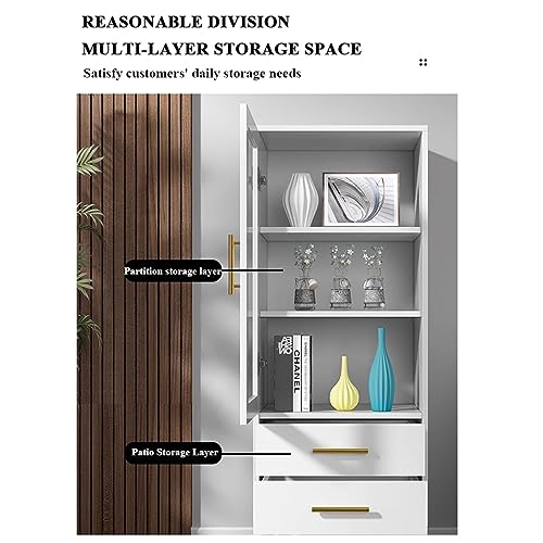 Tall Corner Cabinet with Glass Doors and 2 Drawer, Modern Storage Cabinet, White Display Cabinet, Home Storage Furniture, for Bathroom Kitchen Living Room Bedroom (White 50x30x100cm)