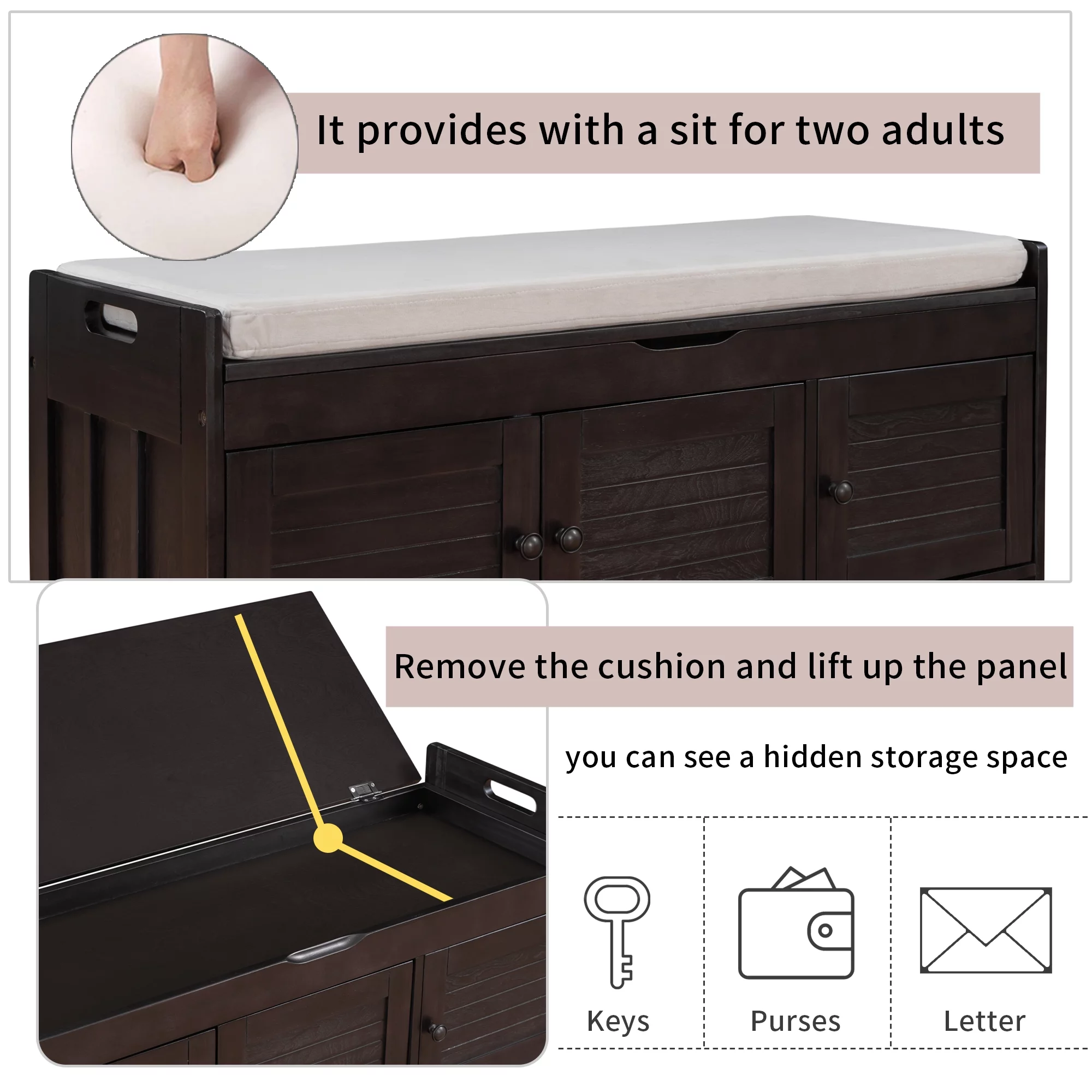 Home Entryway Storage Bench with Removable Cushion, 43.5” Wooden Shoe Storage Bench with 3 Doors, Bench Seat with Hidden Storage and Cushion, Espresso
