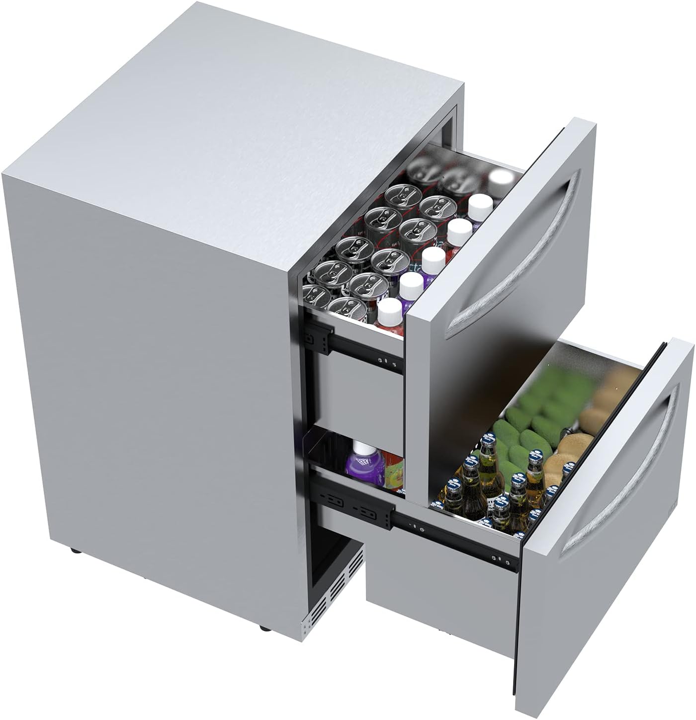 24 Inch Under Counter Refrigerator, Stainless Steel Built-in Freestanding Double Drawers Fridge, Beverage Fridge Refrigerator, Digital Display Weatherproof for Outdoor Commercial Home Use