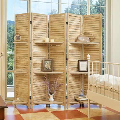 Room Divider with Shelves, 5.6 Ft Tall Folding Wood Screen with Double Hinges for Home Office Bedroom Hotel Decoration (6 Panels, Brown)