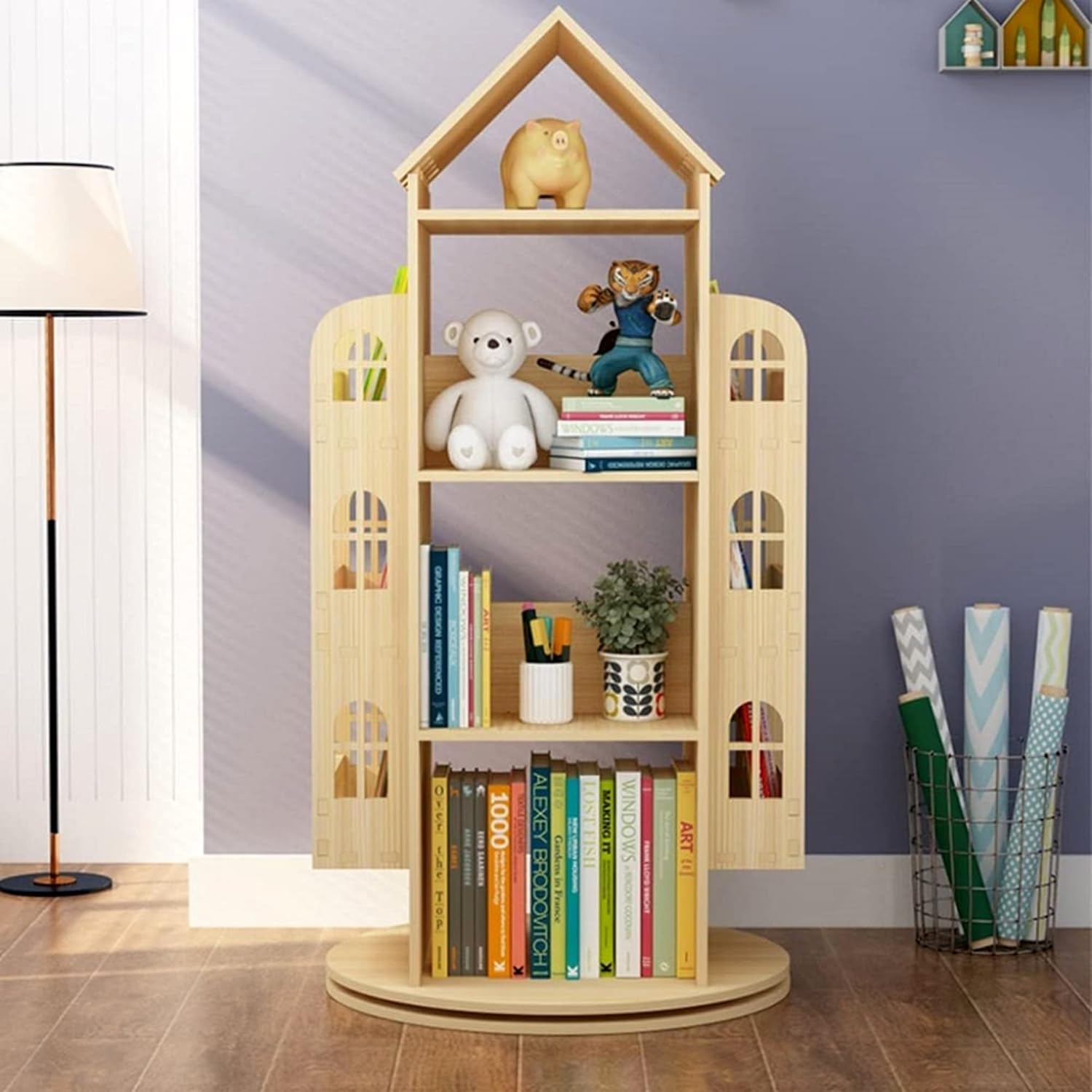 4-Tier Rotating House-Shaped Bookshelf, 360° Solid Wood Rotating Stackable Shelves Bookshelf Organizer for Home Bedroom Office_Intexca