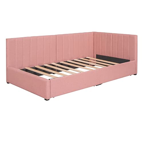 Upholstered Bed Frame with L-Shaped Headboard, Twin Size Daybed with 2 Storage Drawers and Solid Slats Support, Modern Tufted Sofa Bed for Living Room, Bedroom, No Box Spring Needed, Beige