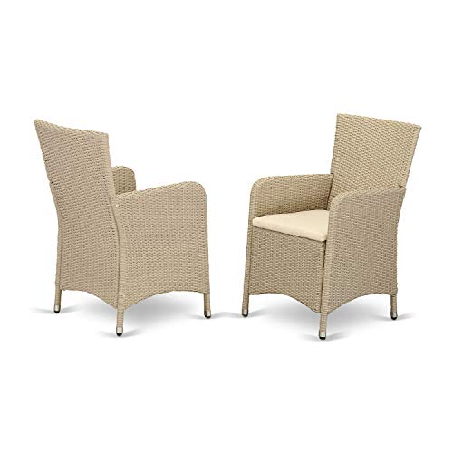 East West Furniture LULU7-53V Luneburg 7 Piece Wicker Patio Furniture Set Consist of a Rectangle Outdoor Table with Glass Top and 6 Balcony Backyard Armchair with Cushion, 36x73 Inch, Cream