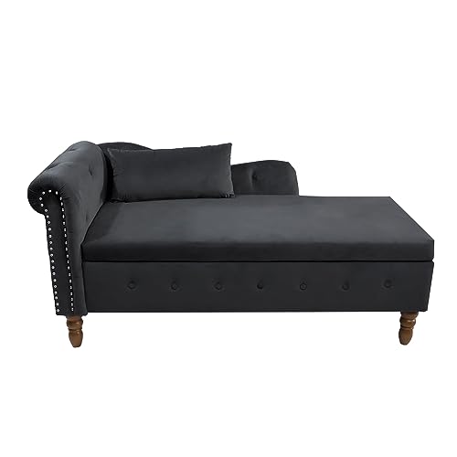 Chaise Lounge Indoor,Velvet Lounge Chair for Bedroom with Storage & Pillow,Modern Upholstered Rolled Arm Chase Lounge for Sleeping with Nailhead Trim for Living Room Bedroom Office (Black)