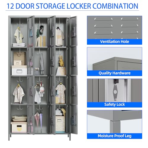 METAN Metal Storage Locker for School Office Gym Bedroom, 12 Doors Locker Cabinet for Employees, Industrial Steel Storage Locker with 12 Hooks, Assembly Required (12 Door-Light Gray)