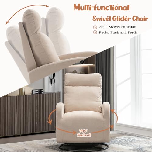 Swivel Rocking Chair Nursery, Modern Glider Chair with Side Pocket and High Backrest, Upholstered Nursery Glider Rocker, Comfy Nursing Chair Recliner for Living Room Bedroom, Reading Room, White Teddy