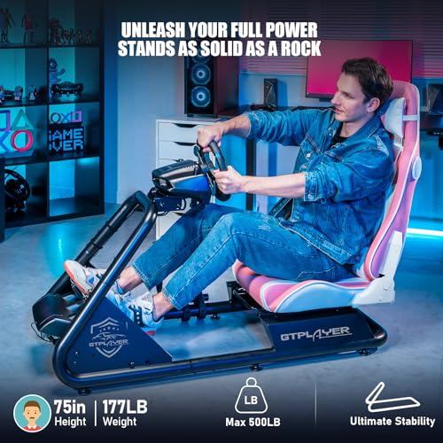 GTPLAYER Racing Simulator Cockpit with Seat and Bluetooth Speakers, Racing Style Reclining Seat and Ultra-Sturdy Alloy Steel Frame, A/B Box (Blue)