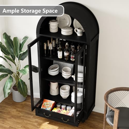 71" Farmhouse Tall Arched Storage Cabinet, Freestanding Cabinet Display Case with Glass Doors, Arched Storage Cabinet for Kitchen Pantry, Dining Room, Bookcase