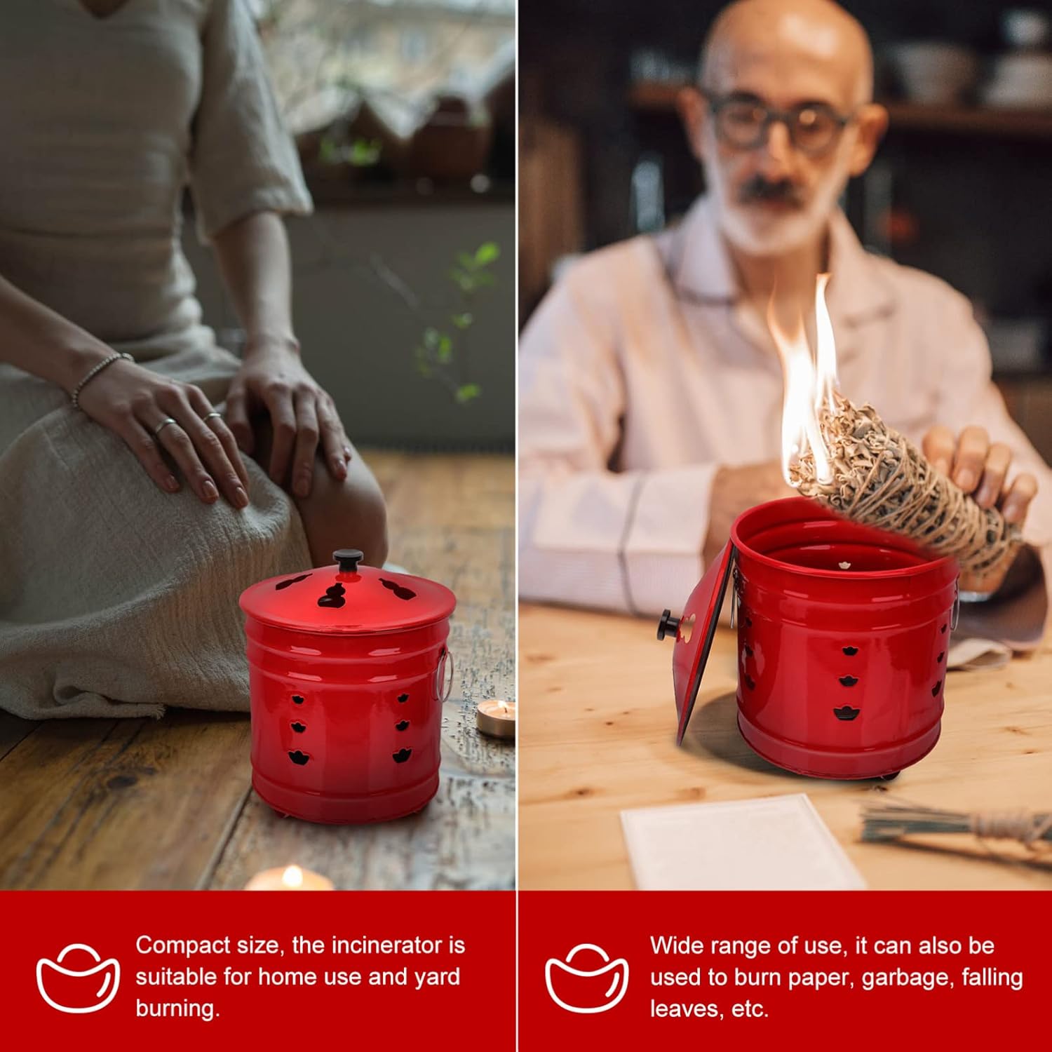 Enamel Burn Barrel Incinerator Cage Fire Pit Metal Garden Fire Cage Yard Debris Burn Incinerator Bin for Paper Leaf Trash Wood Log Backyard Bonfire Red