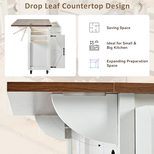 Kitchen Island with Storage, Rolling Kitchen Island Cart On Wheels with Power Outlet & Drop Leaf Countertop, Mobile Island Table for Kitchen with 2 Drawers 2 Cabinet, Spice Rack, Towel Rack, Black
